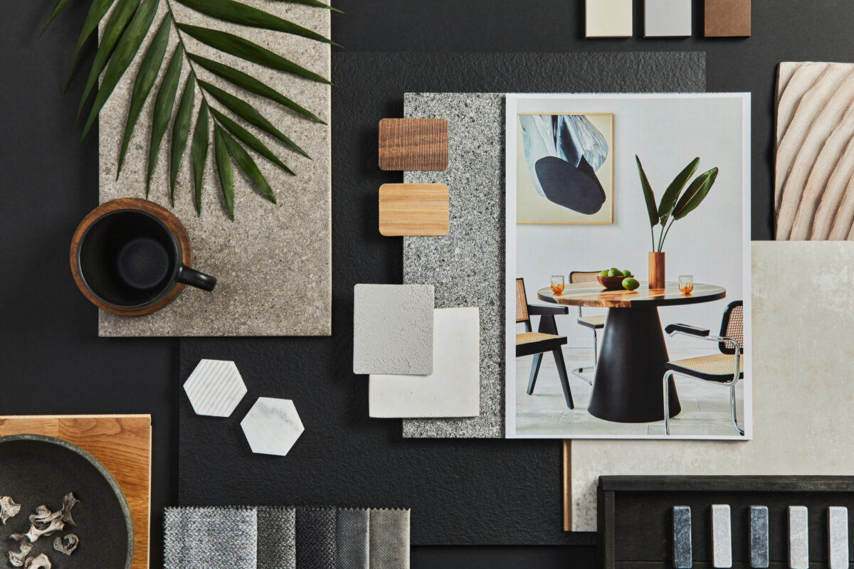 Flat lay composition of creative black architect moodboard with