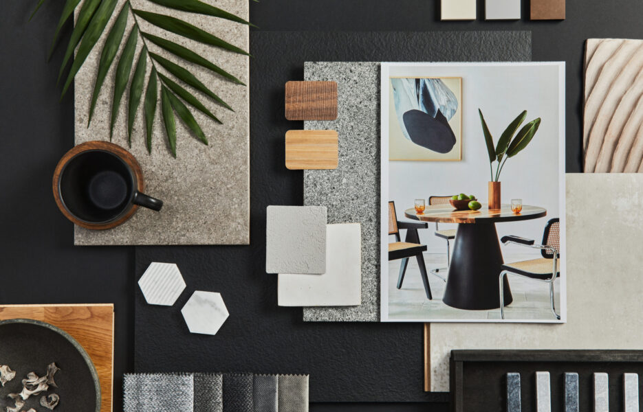 Flat lay composition of creative black architect moodboard with
